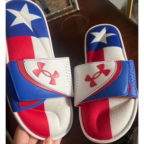 Under Armour Texas Flag Slides Sandals Men 7 Ignite White Red Blue Shoes New - Picture 10 of 15